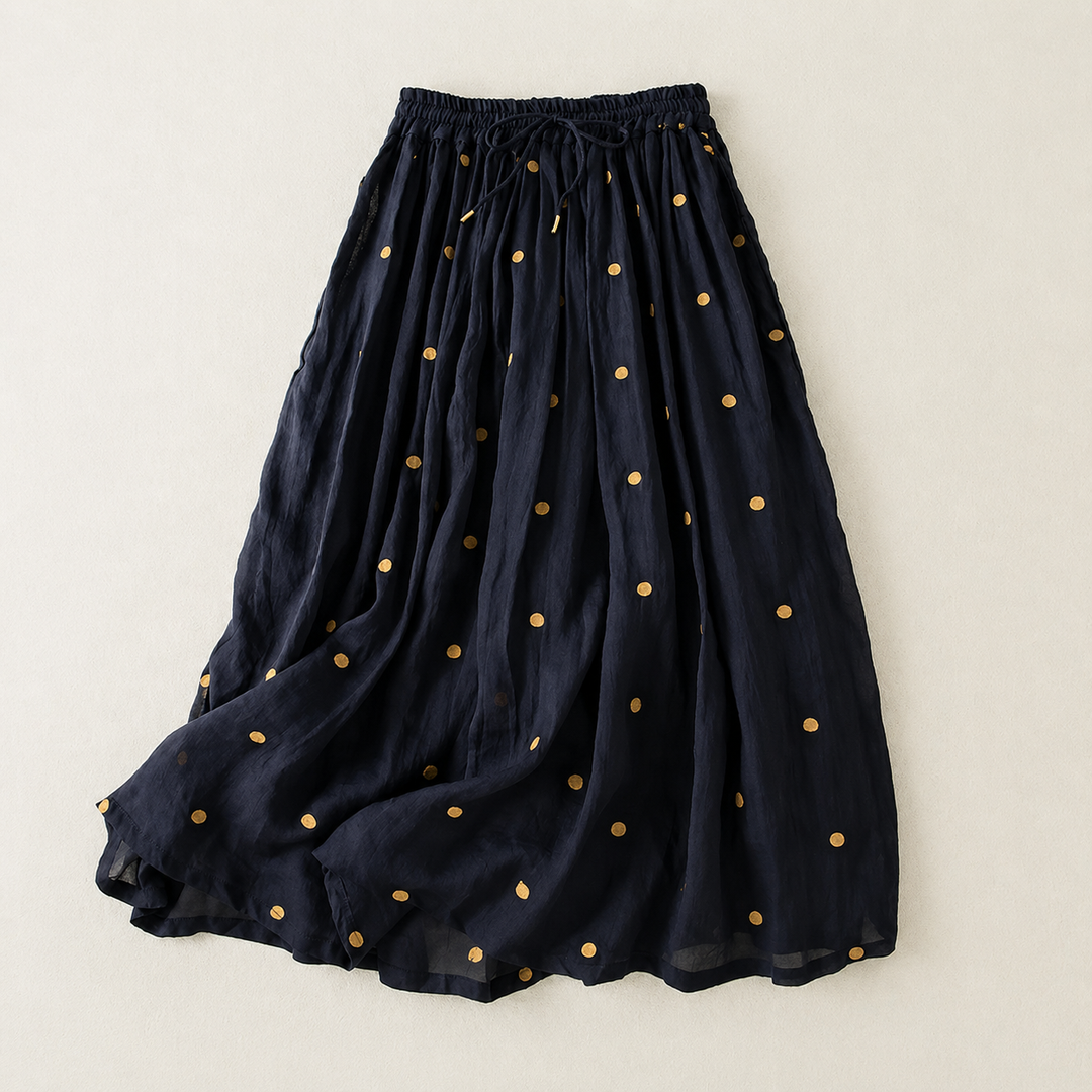 Aveline Cotton Linen Polka Dot Midi Skirt